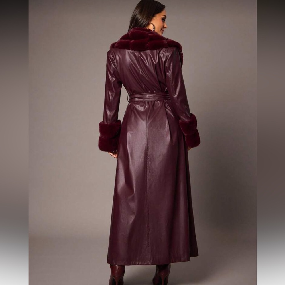 BELT ONLY 🔥 Faux fur collar cuffs vegan leather trench coat burgundy maroon - Picture 4 of 9
